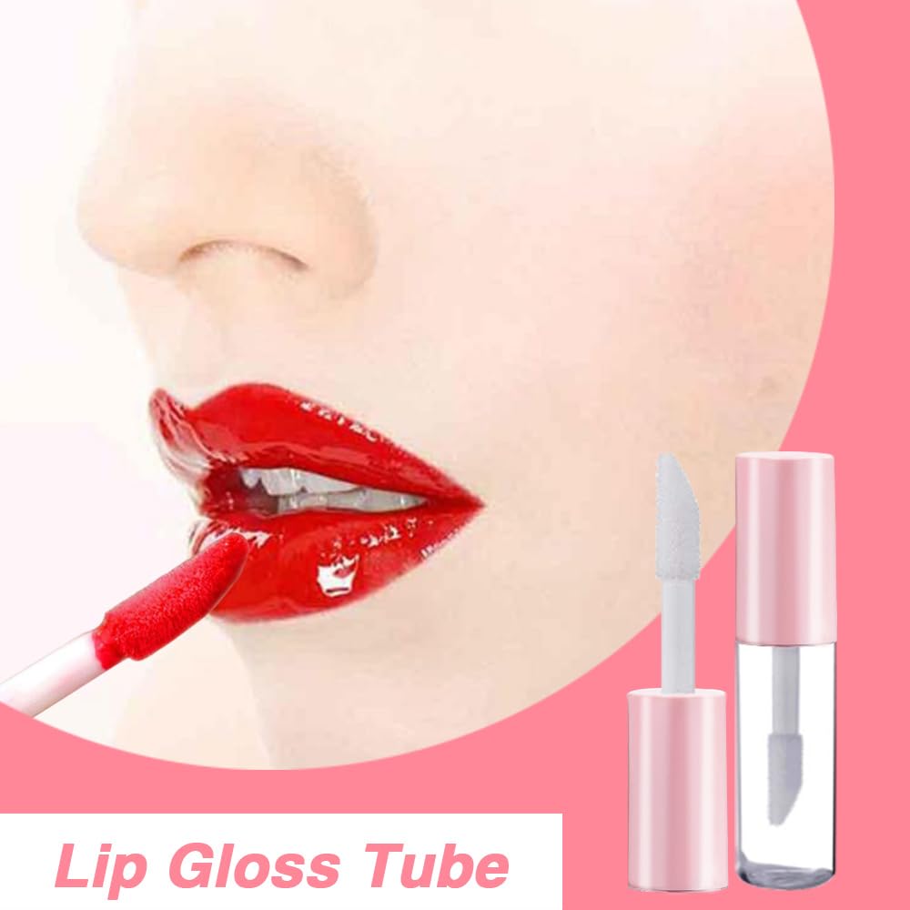 AMORIX 50PCS Mini Lip Gloss Tubes with Wand 1.2ml Empty Lip Gloss Containers Refillable Travel Lip Balm Tubes for Samples with 5ml Syringes DIY Lip Gloss Base + Labels (Pink)