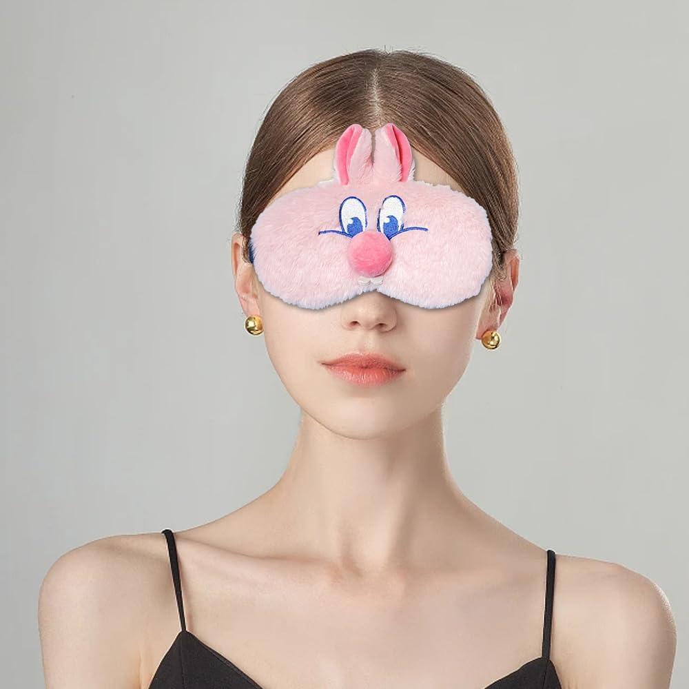 PERFECTSIGHT Bunny Eye Masks, Cute Plush Sleep Eye Cover Lightweight Adjustable Eyeshade Faux Fur Mask Cover for Women Men Sleep Travel Nap, Pink Nose