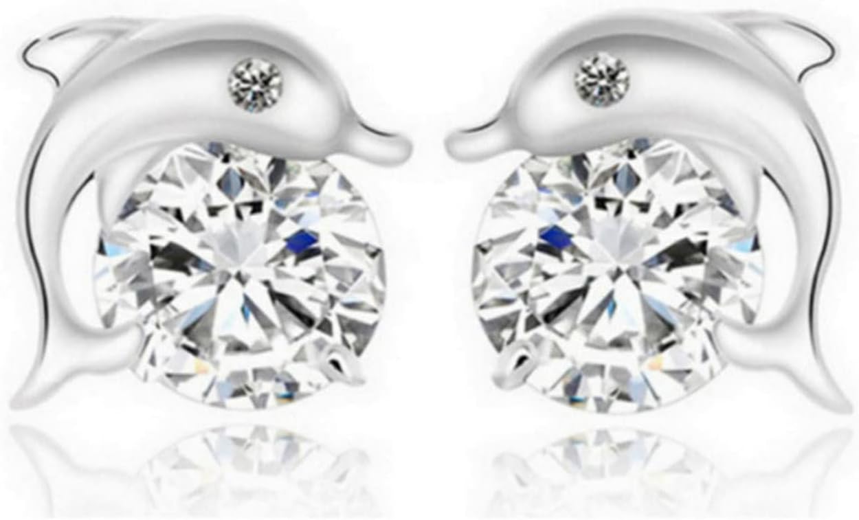 Silver Dolphin CZ Earrings Cute Animal Stud Earrings Tiny Earring Jackets Gifts for Women and Girls