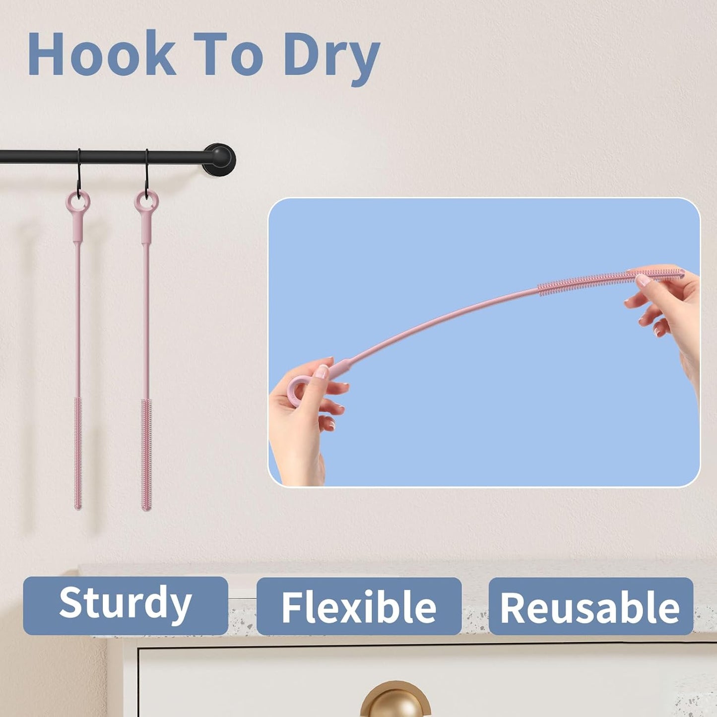 Reusable Silicone Straw Cleaner Brush Set, 2-Pack Extra Long Straw Cleaning Brush for Metal Glass Water Bottle Drinking Straws, Flexible&Bendable Design, Dishwasher Safe, 6mm & 8mm Diameter