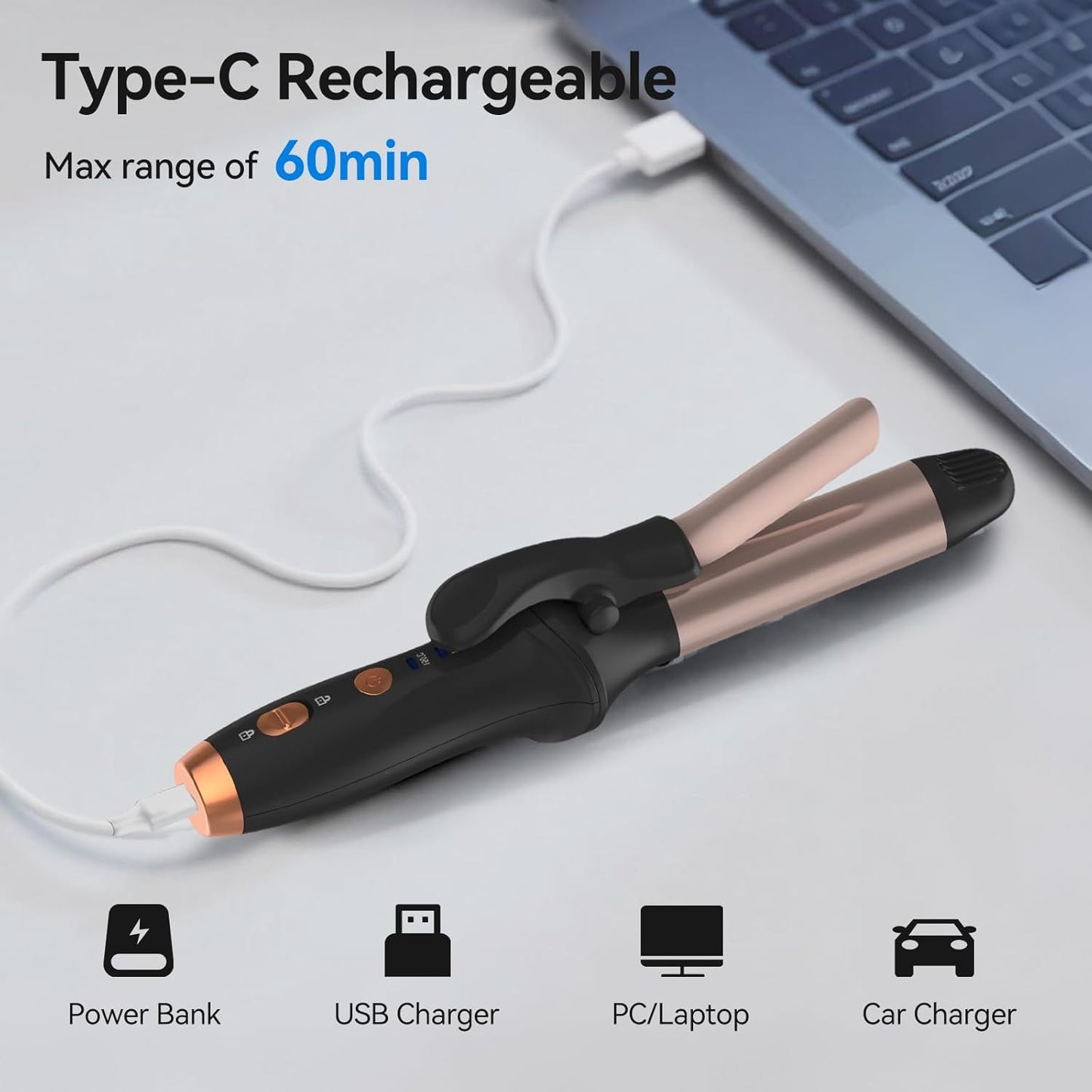 Cordless Curling Iron Hair Curler: Mini USB Rechargeable 4000 mAh 3 Temp Setting Travel Portable Hair Curler with 200 Million Negative Ion Cordless Curling Iron