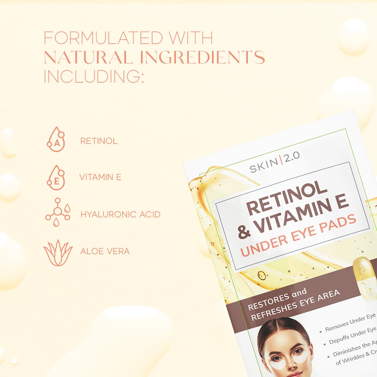 Retinol and Vitamin E Under Eye Patches - Reduce Wrinkles & Fine Lines, Dark Circles, Eye Bags, Depuffing Under Eye Pads - Cruelty Free Korean Skin Care For All Skin Types - 5 Pairs