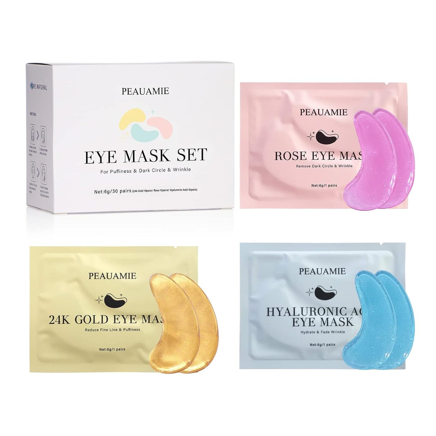 Under Eye Patches (30 Pairs) Gold Eye Mask and Hyaluronic Acid Eye Patches for puffy eyes,Rose Eye Masks for Dark Circles and Puffiness under eye skin care Smooth Wrinkles products