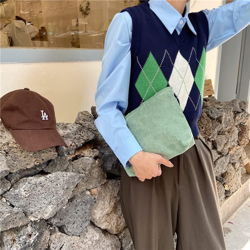 PAZIMIIK Makeup Bag Large Zipper Corduroy Make Up Pouch for Purse Travel Canvas Cosmetic Organizer for Women Brush Storage,Green