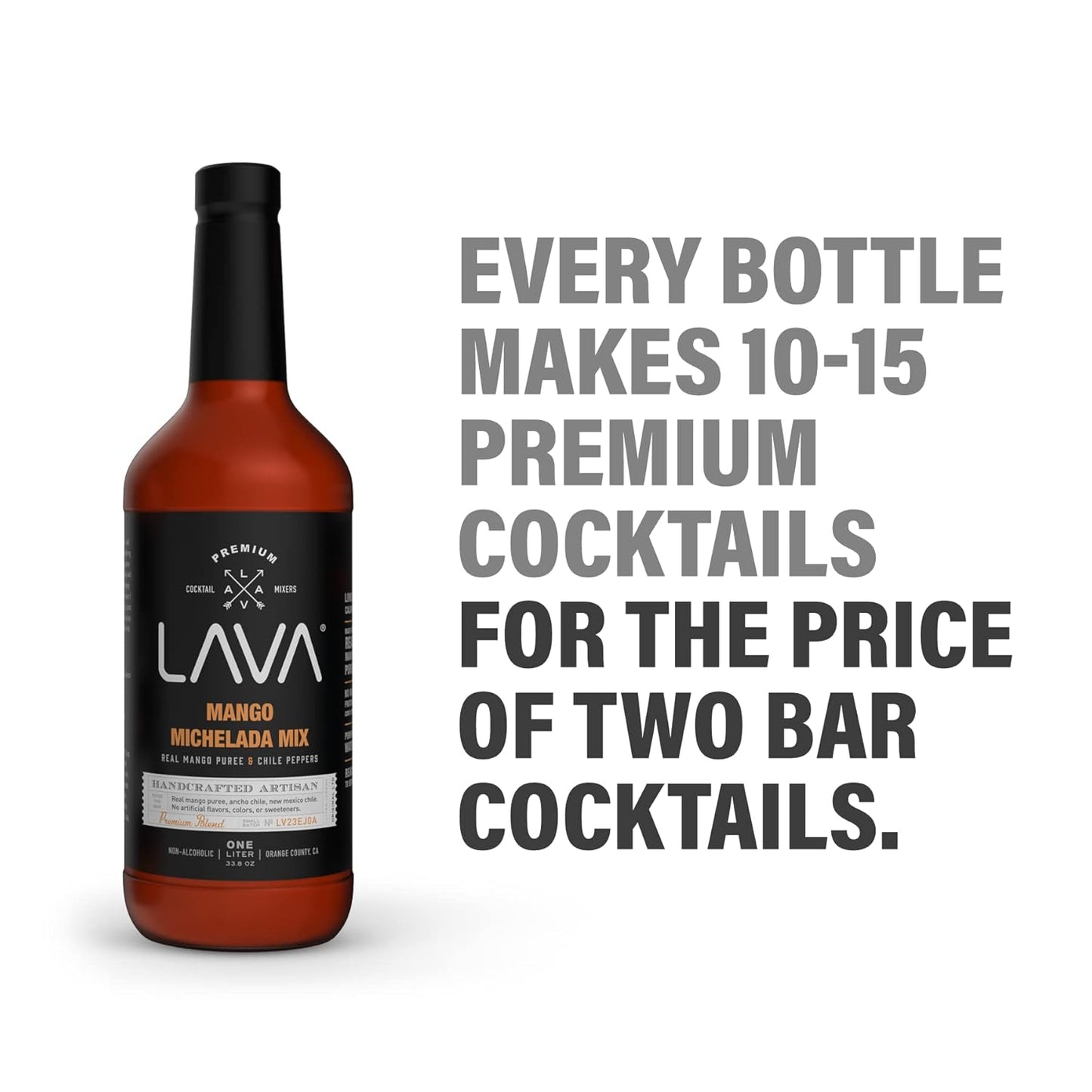 LAVA Premium Mango Michelada Mix Made With Real Mango Puree, Ancho Chile Peppers, New Mexico Chile, Tamarind, Vegan, 1-Liter (33.8oz) Glass Bottle, Ready to Use