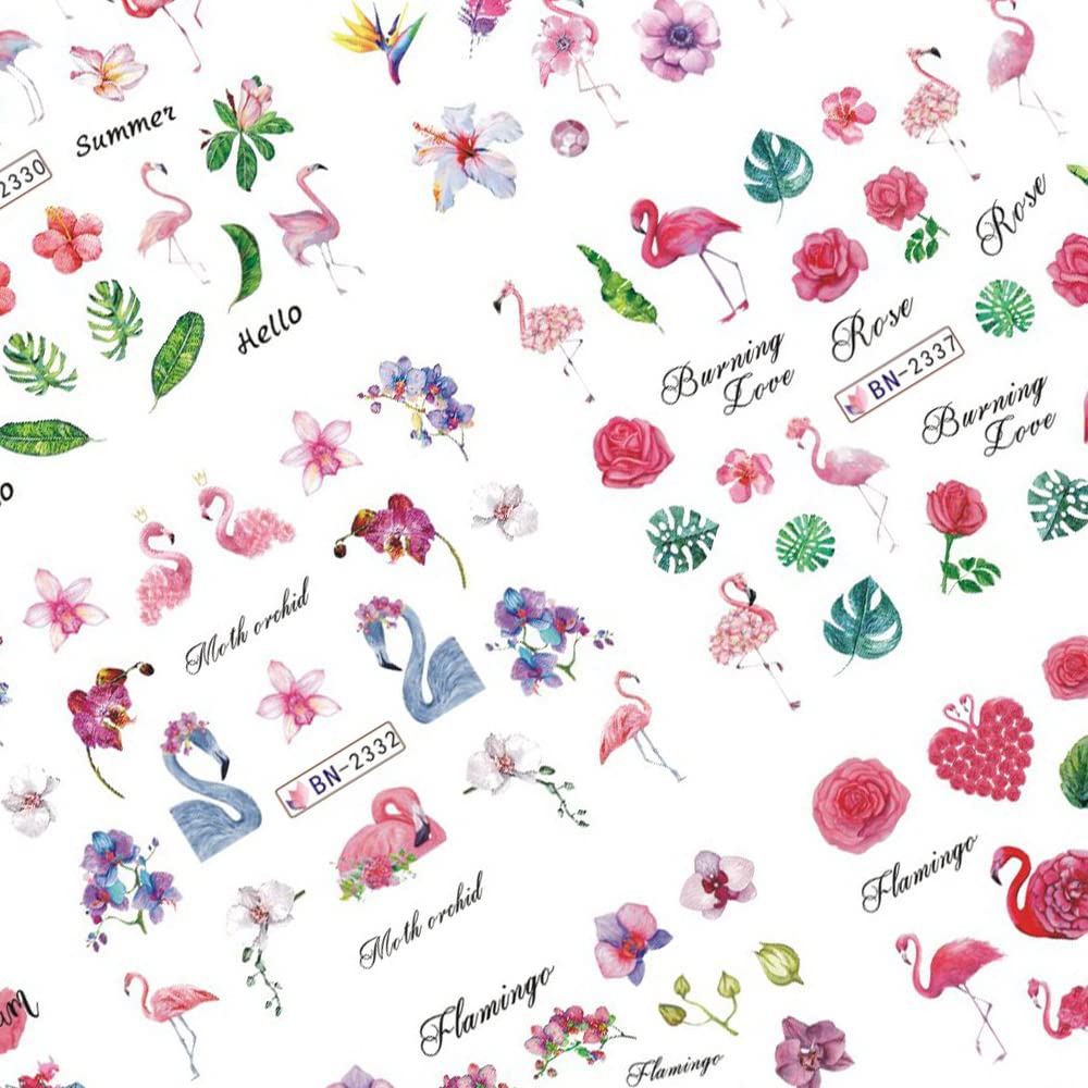 Flamingo Nail Art Stickers Water Transfer Nail Decals Summer Nail Art Decoration Palm Leaves Flowers Cactus Designs Acrylic Nail Stickers Manicure for Women DIY Nails 12 Sheets