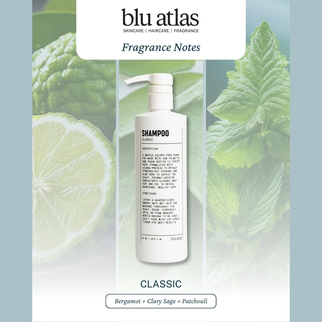 Blu Atlas Men's Natural Shampoo – Organic, Sulfate-Free, Paraben-Free – Deep Cleansing & Hydrating – Classic Scent (Bergamot, Sage, Patchouli) – Made in America– 16 oz