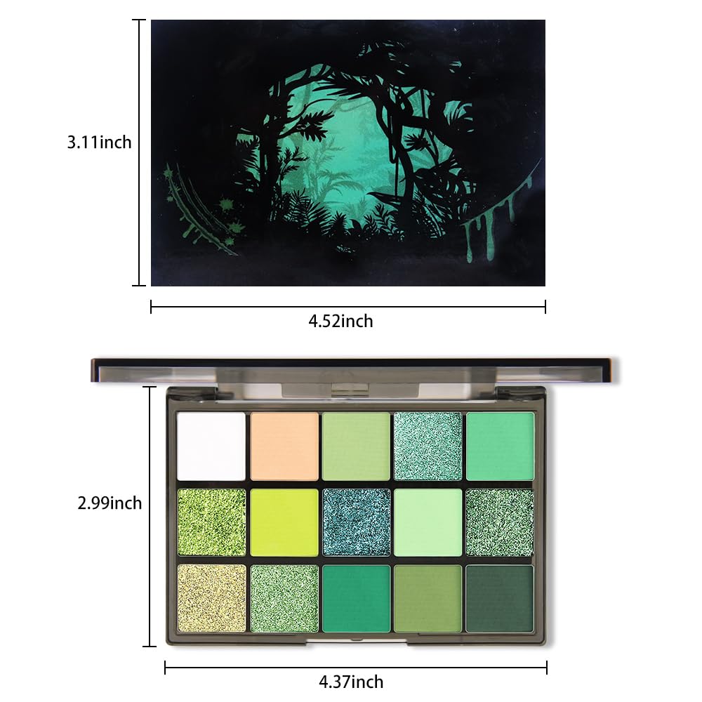 15 Colors Green Matte & Shimmer Eyeshadow Palette - Olive Teal GreenYellow DarkSeaGreen LimeGreen Pink White Eye Shadow Primers Powder for Smoky Looks, Makeup Artist Friendly, Vegan & Cruelty-Free