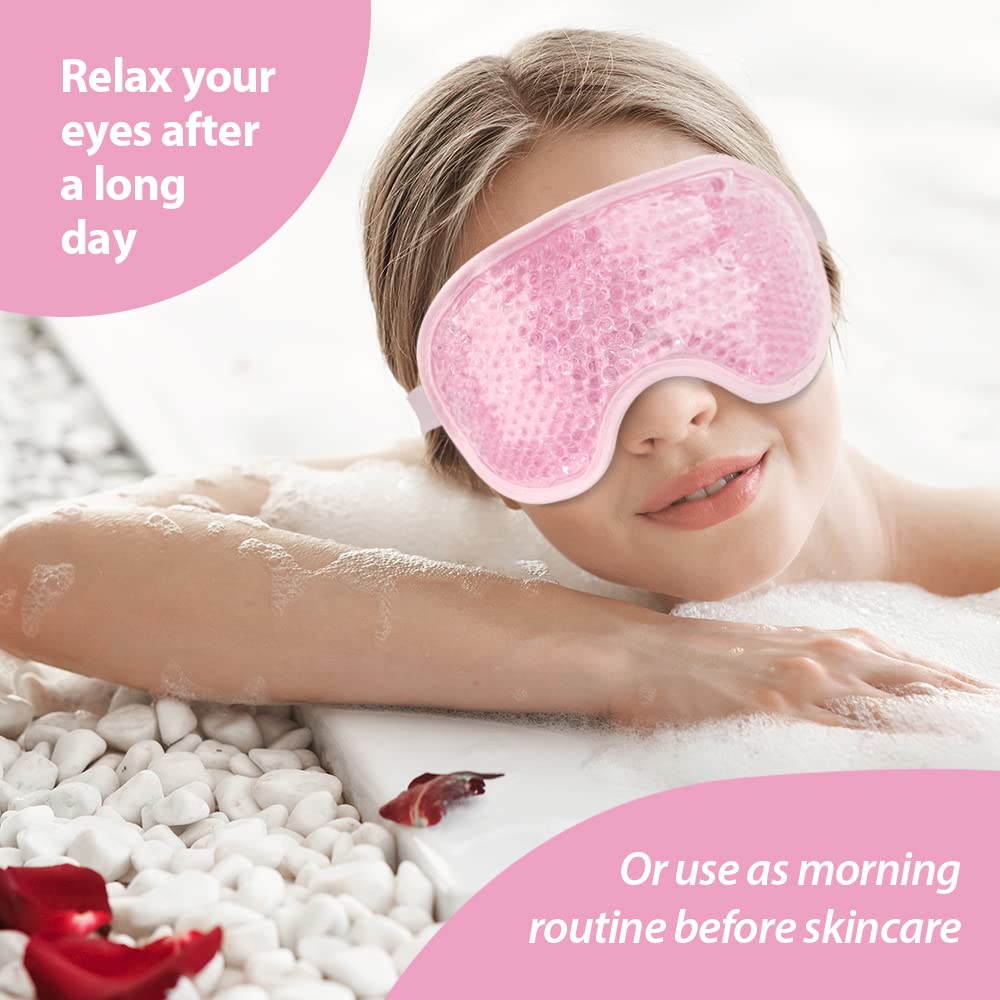 NEWGO Cooling Gel Cold Eye Mask for Puffy Eyes, Reusable Ice Pack with Soft Plush Backing for Dark Circles, Migraine, Stress Relief - Pink