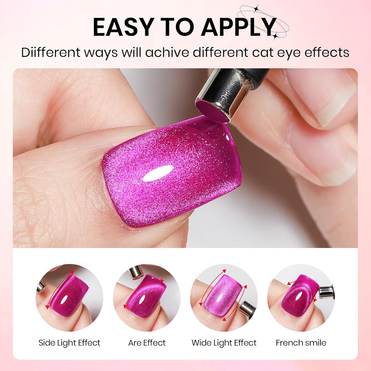 2PCS 15ML Cat Magnetic Eye Gel Nail Polish, Red Hot Pink Cateye Gel Nail Polish Holographic Glitter Shimmer Effect with Magnetic Stick Soak Off Salon DIY at Home
