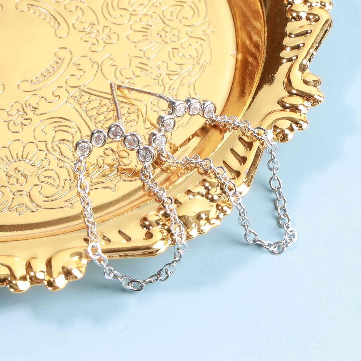 Boho Rhinestone Circle Studs Earrings Silver Cz Hoop Drop Earrings Circle Tassel Dangle Earrings Drop Chain Earrings Jewelry for Women and Girls Gifts