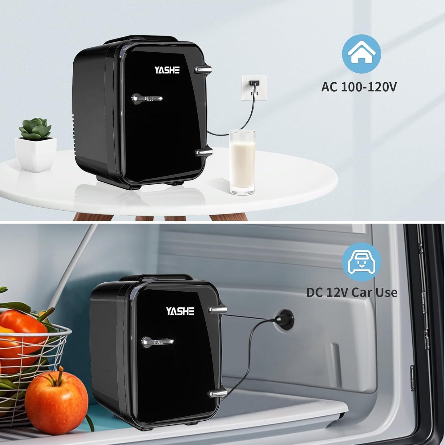 YASHE Mini Fridge, 4 Liter/6 Cans Small Refrigerator for Skincare, 110V AC/ 12V DC Thermoelectric Cooler and Warmer for Bedroom, Office, Dorm, Car, Black