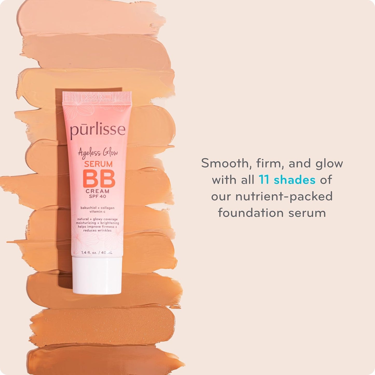 pūrlisse Ageless Glow Serum BB Cream SPF 40 - Glow BB Cream with SPF Enriched with Bakuchiol & Vitamin C to Help Improve Firmness & Reduce Wrinkles for Dewy Skin - Fair (1.4 oz)