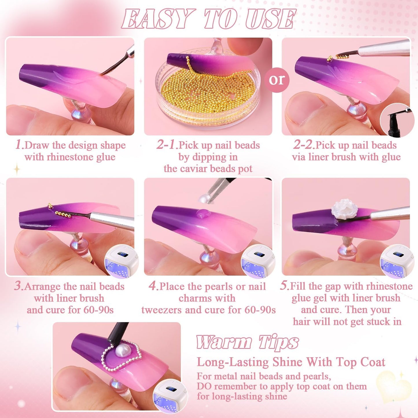 Pearls Nail Charms - White Flatback Pearls, 3D Flowers & Rhinestones Glue Gel for Nail Art