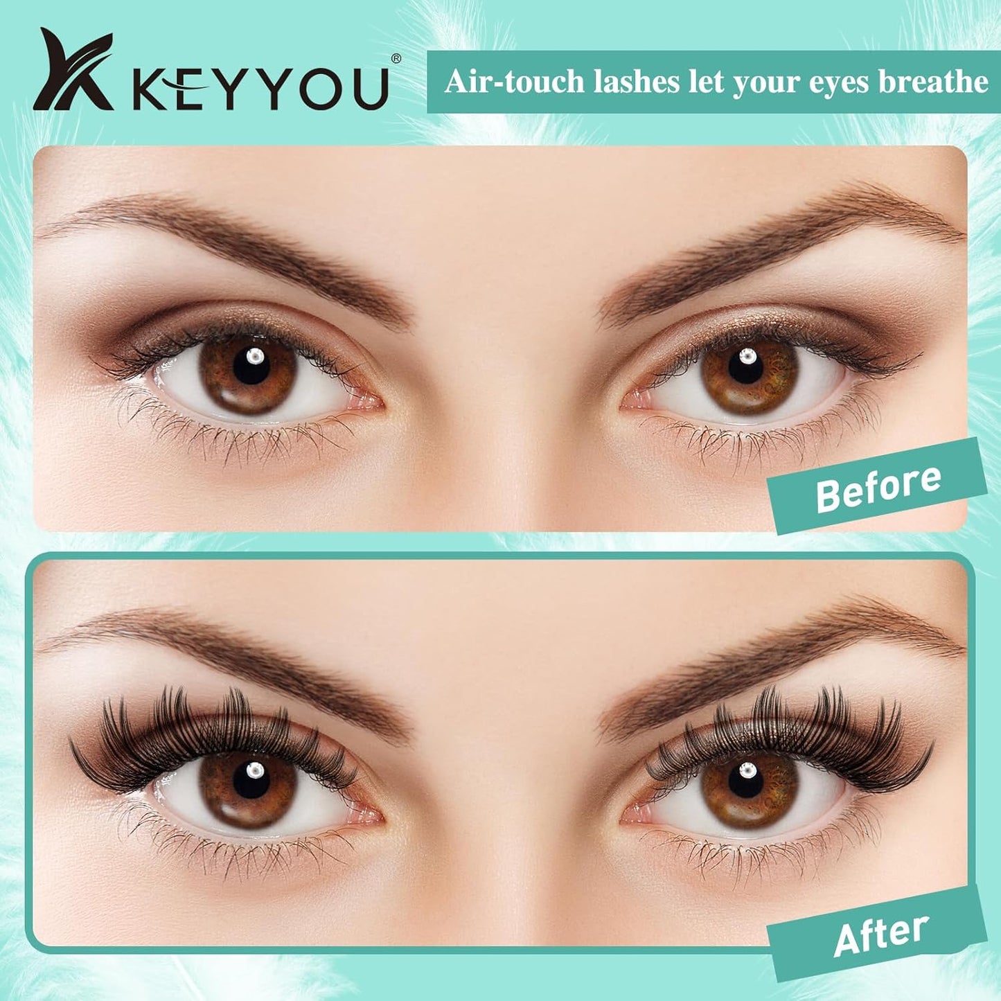 KEYYOU Lash Extension Kit 144pcs Air Touch Lash Clusters with Bond and Seal Lash Applicator Remover D Curl DIY Eyelash Extension Kit Easy to Apply at Home(Air06Kit-D-8-18Mix)