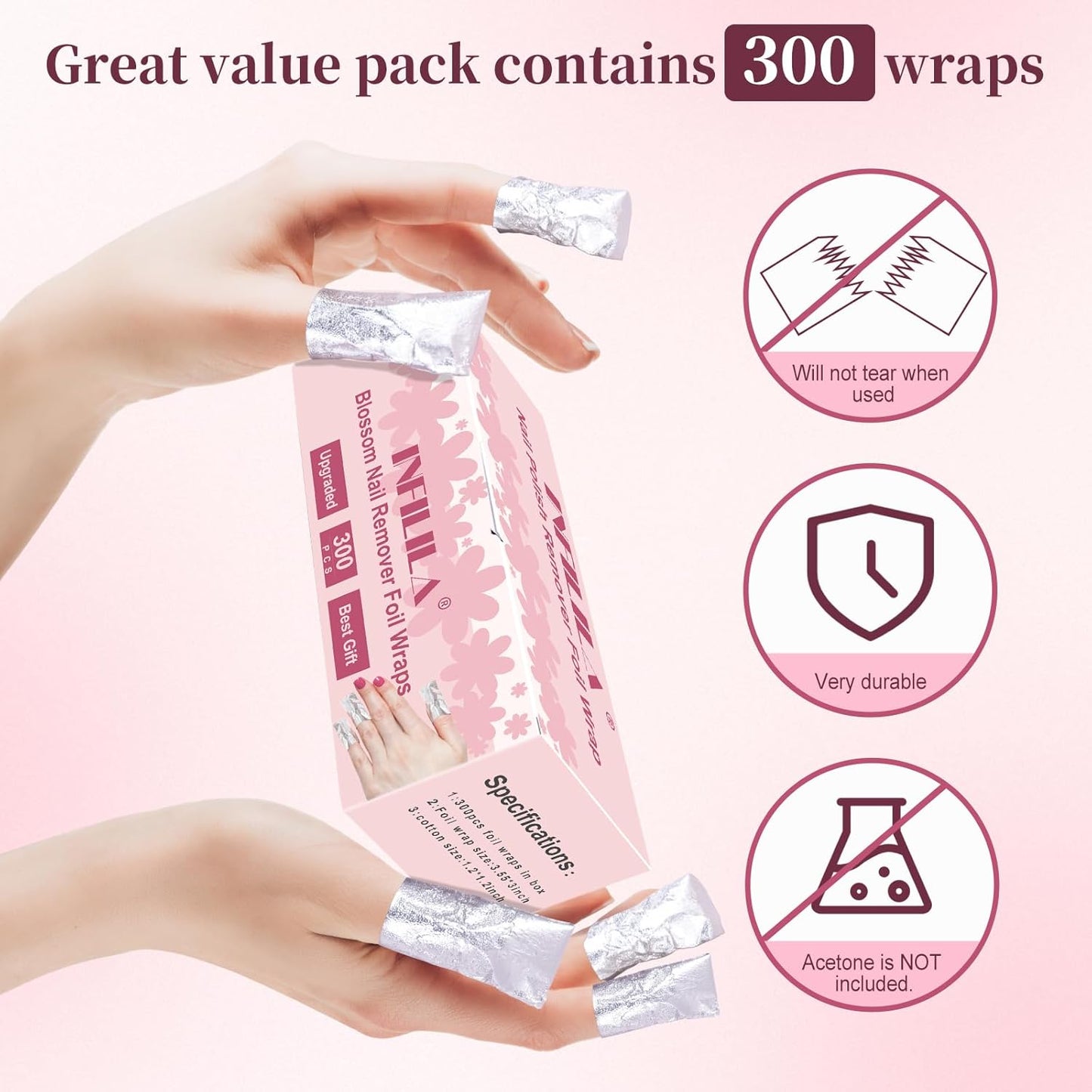 NXJ INFILILA Nail Foil - 300PCS Foil Nail Wraps Gel Nail Polish Remover Foil Wraps for Nails, Soak Off Gel Remover with Larger Cotton Pad for Removing Nail Polish at Home