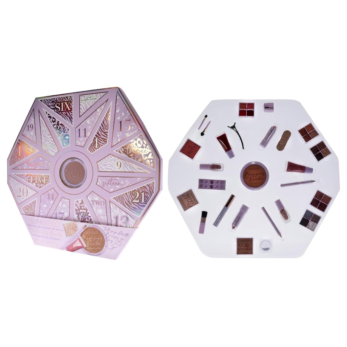 Sunkissed Christmas 25 Days of Beauty - Face, Lips and Eye Makeup - 2 Nail Polishes and 3 Cosmetic Brush Applicators - Vegan Formula - 25 Makeup Products and Accessories - 1 pc Gift Set