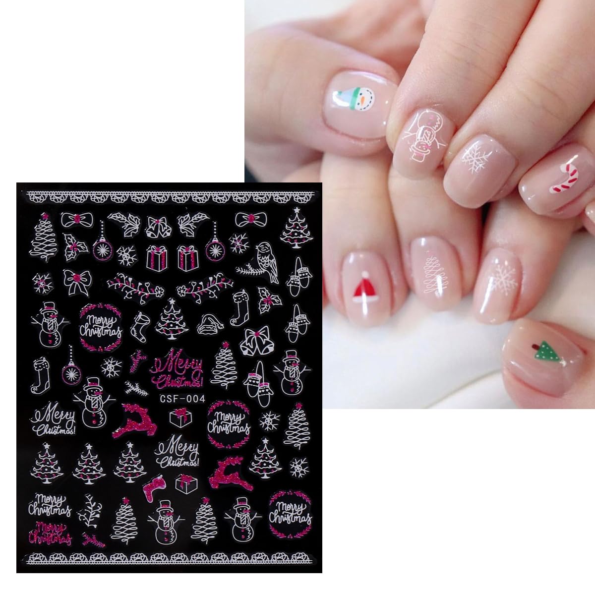 JMEOWIO 9 Sheets Christmas Pink Glitter Nail Art Stickers Decals Self-Adhesive Snowflake Winter Holiday Nail Supplies Nail Art Design Decoration Accessories