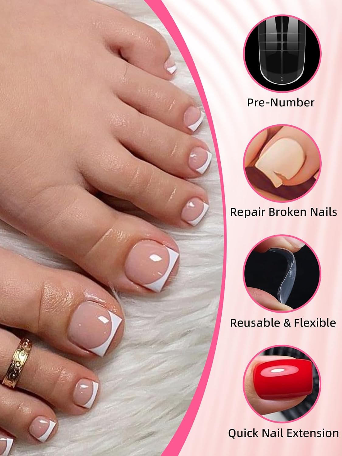 EBANKU Poly Gel Nail Forms Kit for Toes - 150PCS Reusable Dual Toenail Forms for Builder Gel, Toe Nail Kit with 2.5oz Slip Solution, Brush, File, 5PCS Clips - 15 Sizes