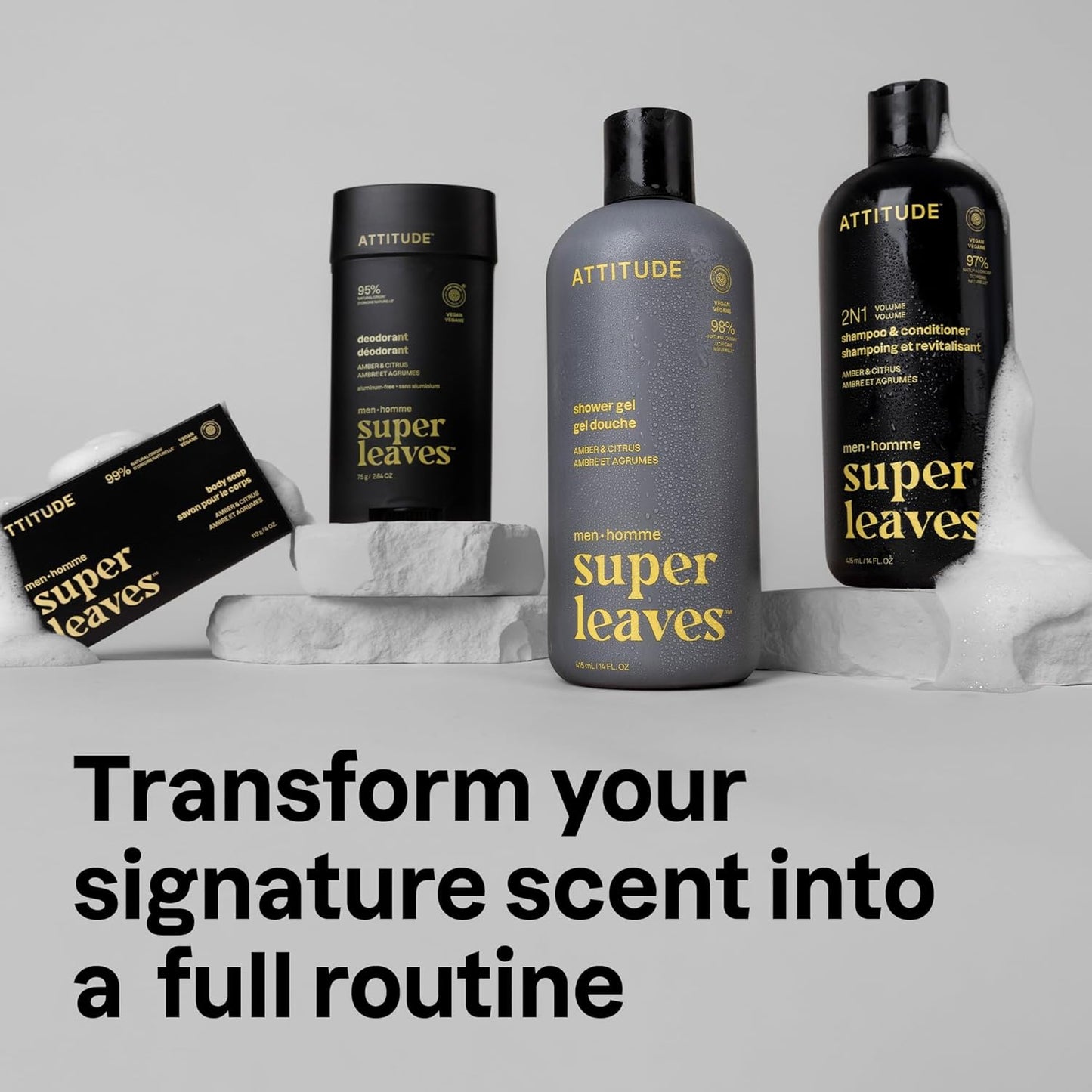 ATTITUDE Men's Shampoo and Conditioner 2-in-1, Volumizing for Thin Hair, With Rosemary and Rice Protein, 97% Natural Origin Ingredients, EWG Verified, Amber & Citrus, 14 Fl Oz (Pack of 3)