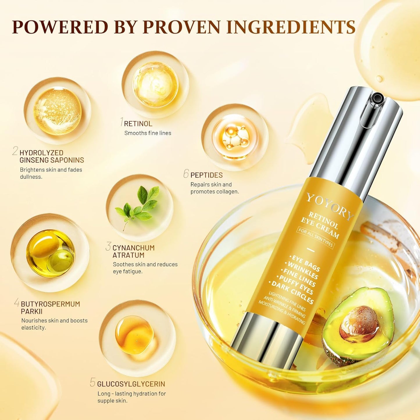 Retinol Eye Cream for Dark Circles - Rapid Under Dark Circles,Wrinkles, Eye Bags, Puffiness Remover for Women and Men, Temporary Firming & Tightening Treatment 0.66 fl oz (Golden)