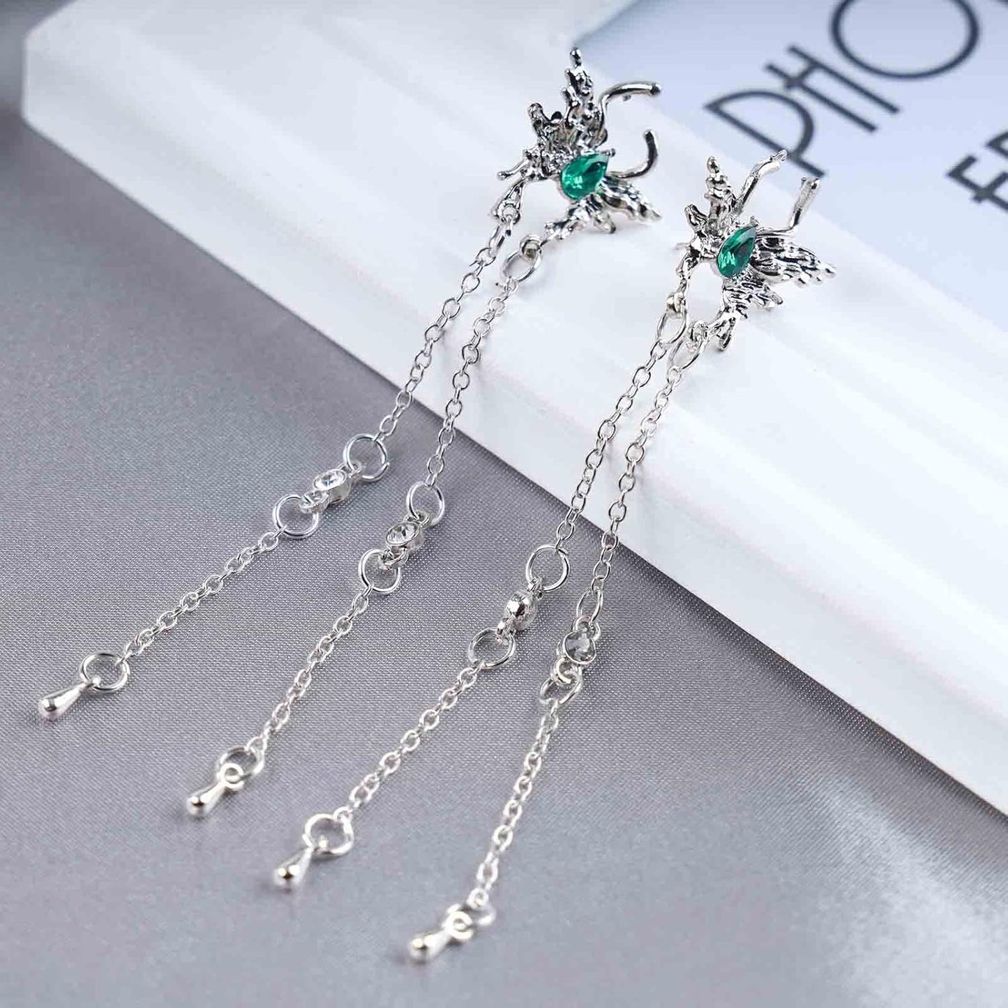 Vintage Emerald Butterfly Earrings Silver Chain Tassel Drop Earrings Butterfly Emerald Stud Earings Long Cz Chain Earrings Jewelry for Women and Girls