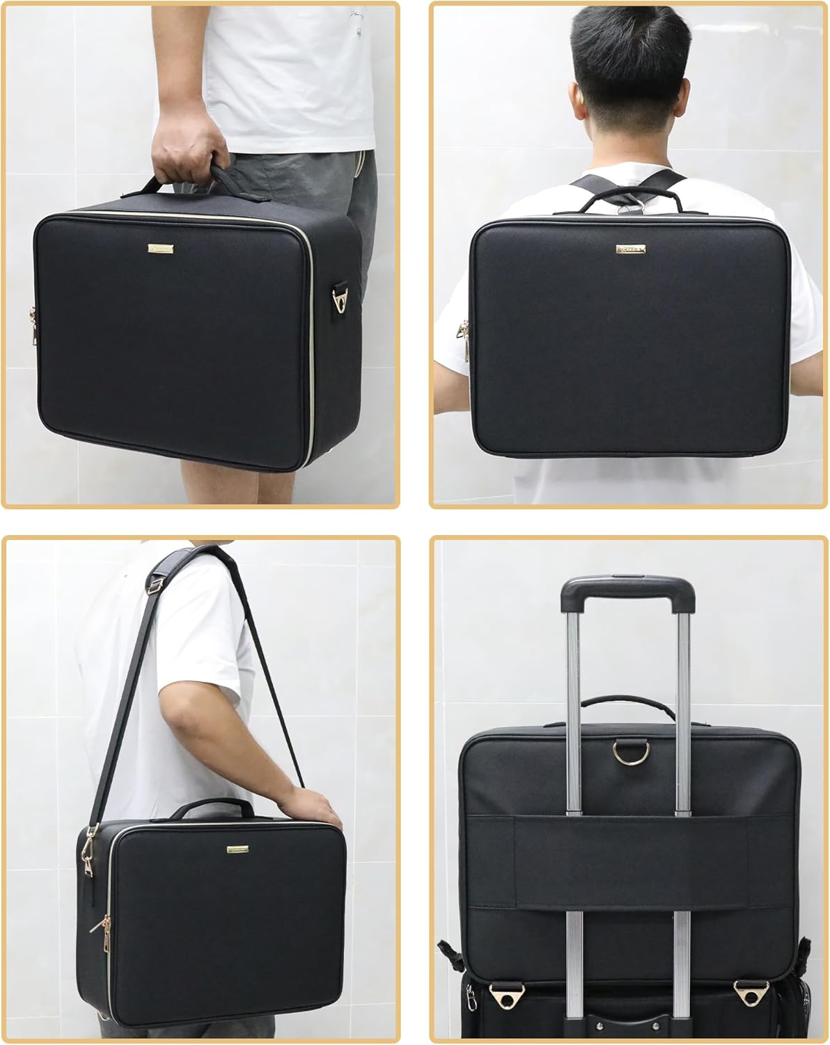 Relavel Extra Large Makeup Case Professional Cosmetic Storage Organizer Box Brush Holder with 4 Clear Set Bags for Makeup Artists with Shoulder Strap & Adjustable Dividers, Leather Black