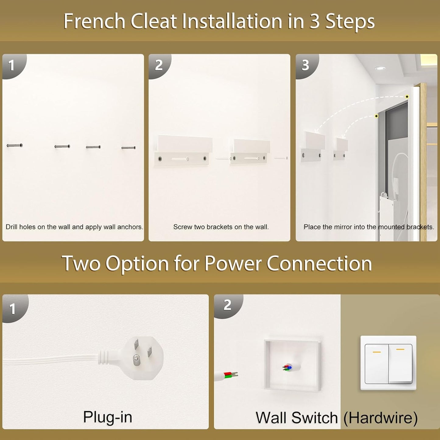 OKPAL 24x30 Gold LED Bathroom Mirror with Lights, Frontlit & Backlit Metal Framed Mirror, Lighted Bathroom Vanity Mirror, Anti-Fog, Dimmable 3 Colors, Shatterproof, Horizontal/Vertical