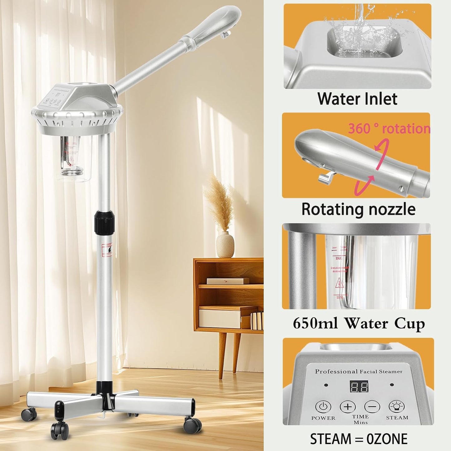 Professional Facial Steamer for Estheticians Face Steamr on Wheels with Hot Mist & Timer Function Suitable for Home Use or Beauty Spa Deep Cleansing and Hydration