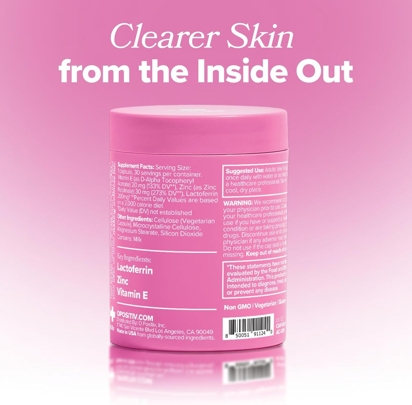 O Positiv FLO Acne Capsules – Reduce Number and Severity of Pimples, Whiteheads, Blackheads, and Pustules on Face, Back, and Body – Colostrum-Derived Lactoferrin, Zinc and Vitamin E – 30 Servings