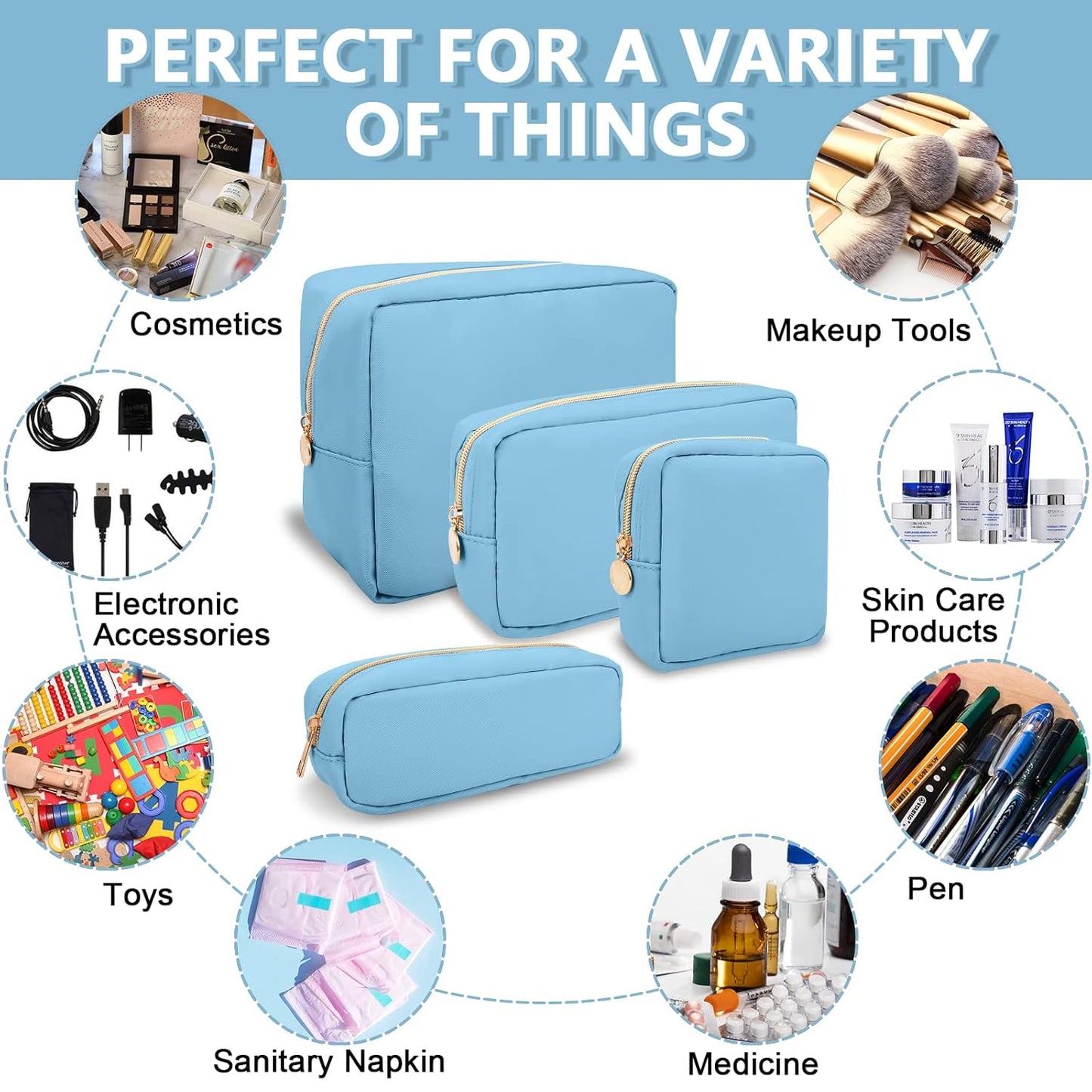 Small Makeup Pouch for Purse, Nylon Travel Toiletry Storage Pouch Cute Preppy Cosmetic Bag for Women Girls, Waterproof Makeup Organizer Skincare Bag Purse with Zipper (Small-Periwinkle)