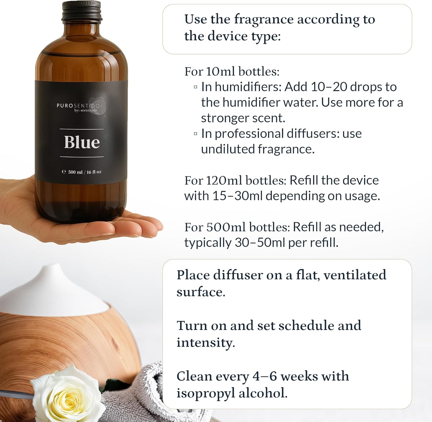 PuroSentido Blue Aroma Oil (120 ml) - Luxury Essential & Fragrance Oil for Diffusers and Humidifiers, Apricot, Coconut Milk & Vanilla Home & Hotel Scent