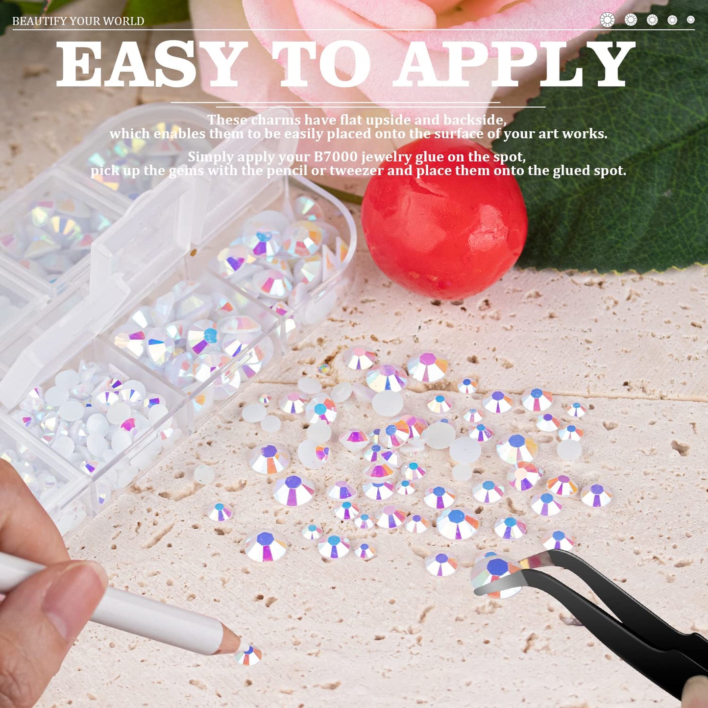 7000PCS Resin Rhinestones with Tweezers for Crafting, 2/3/4/5/6mm Flatback Jelly Rhinestones, 4 Box White AB Non Hotfix Crystal Gems for DIY Crafts Mugs Tumblers Clothes Makeup Nail