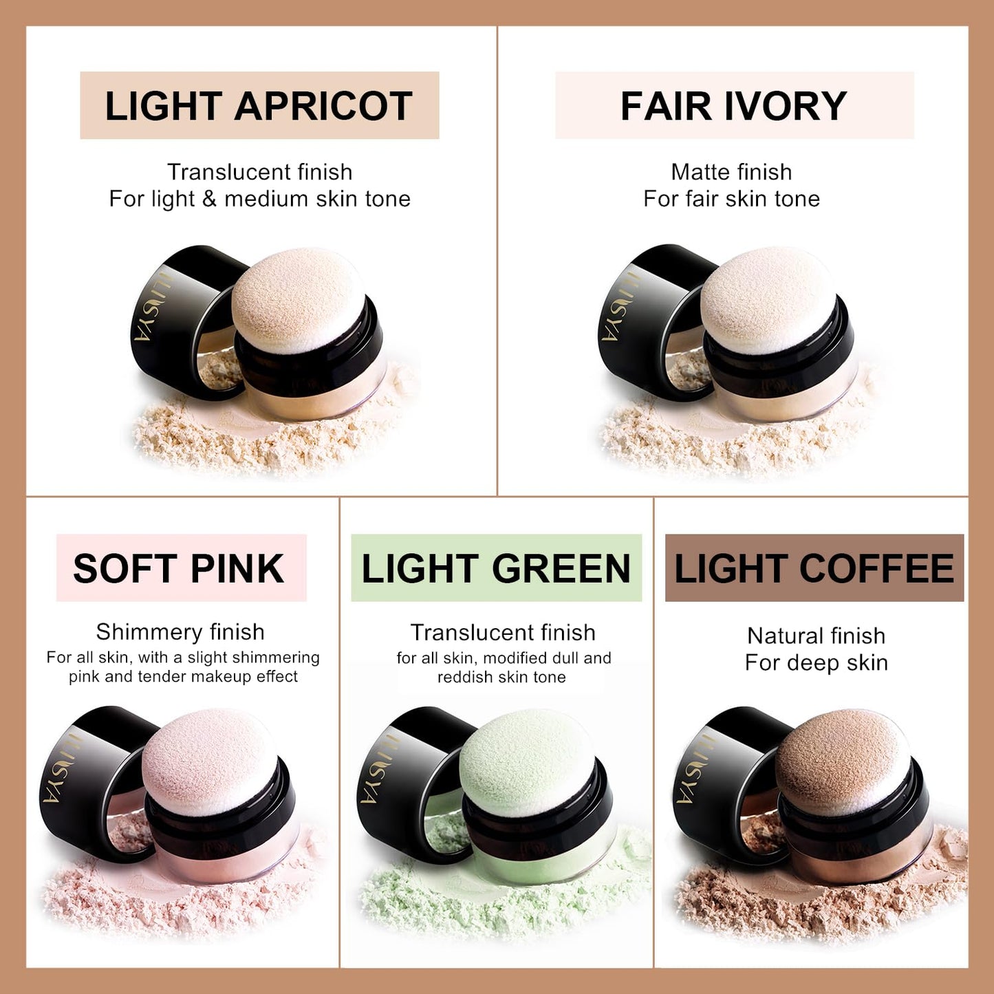 Setting Powder Lightweight Loose Powder Finishing Powder Long-Lasting Face Powder Waterproof with Soft Mushroom Powder Puff & Mirror, Natural Finish, (Light Coffee/Natural)- 2 Boxes
