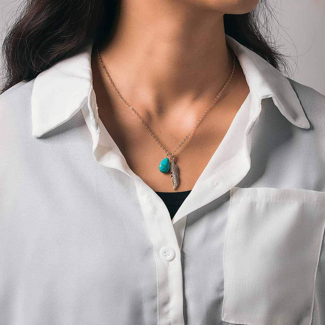 Boho Turquoise Necklaces Silver Feather Pendant Necklace Chain Short Delicate Dainty Necklaces Jewelry for Women