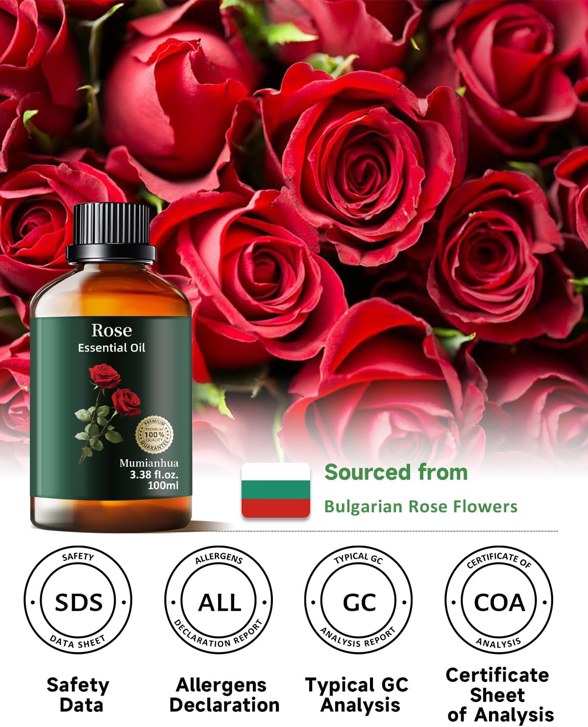 Mumianhua Rose Essential Oil 100% Pure - Therapeutic Grade Natural Aromatherapy Rose Oil for Skin, Hair & Large Room Diffuser | Bulk Steam Distilled for Candle Making, Laundry & Home Scent 3.38 Fl Oz