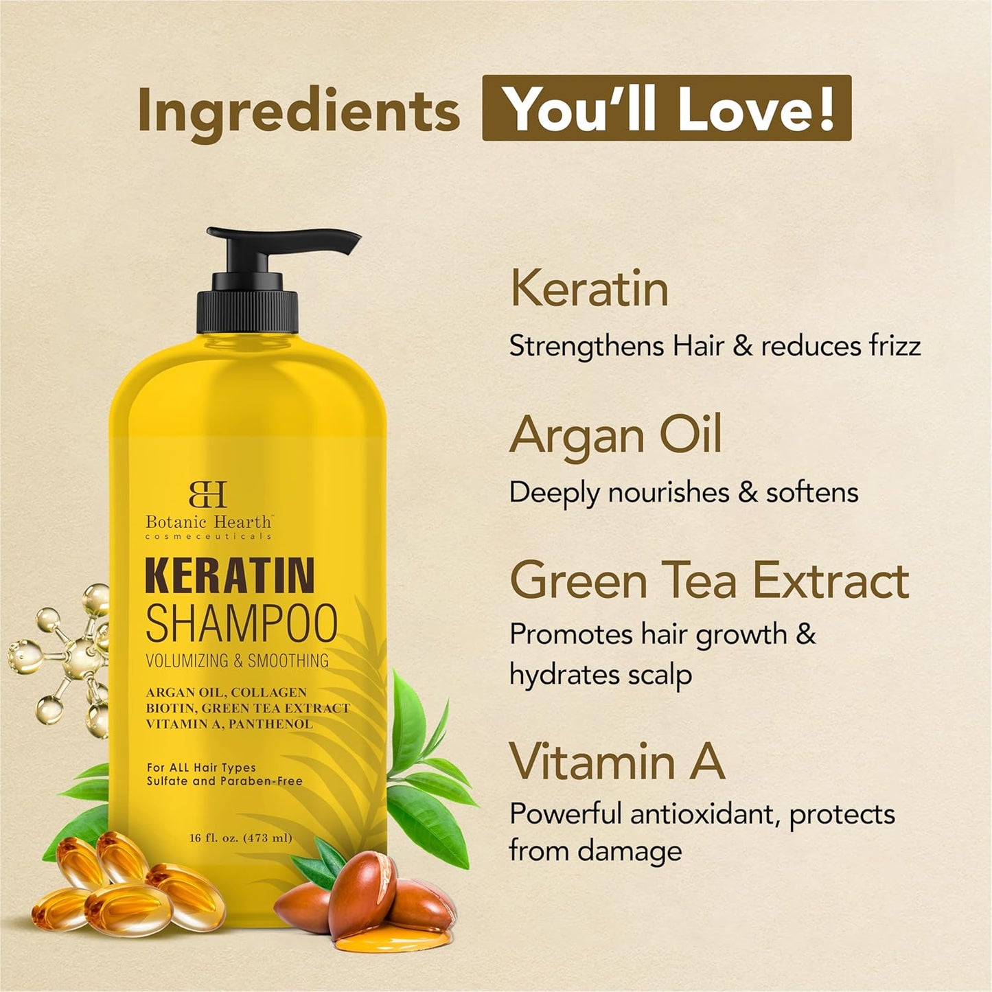 Botanic Hearth Keratin Shampoo | With Argan Oil, Collagen & Biotin | Best For Dry Damaged, Fizzy & Color Treated Hair | Hair Thickening & Sulfate Free | 16 Fl Oz (Pack Of 1)