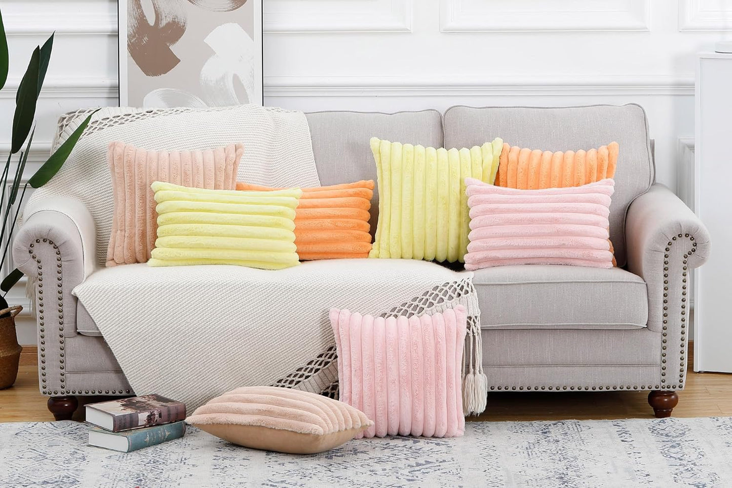 MADIZZ Set of 2 Faux Wool Plush Decorative Throw Pillow Covers 20x20 Inch Pink Fluffy Striped Soft Decorative Cushion Cover for Sofa Bedroom Pillow Shell