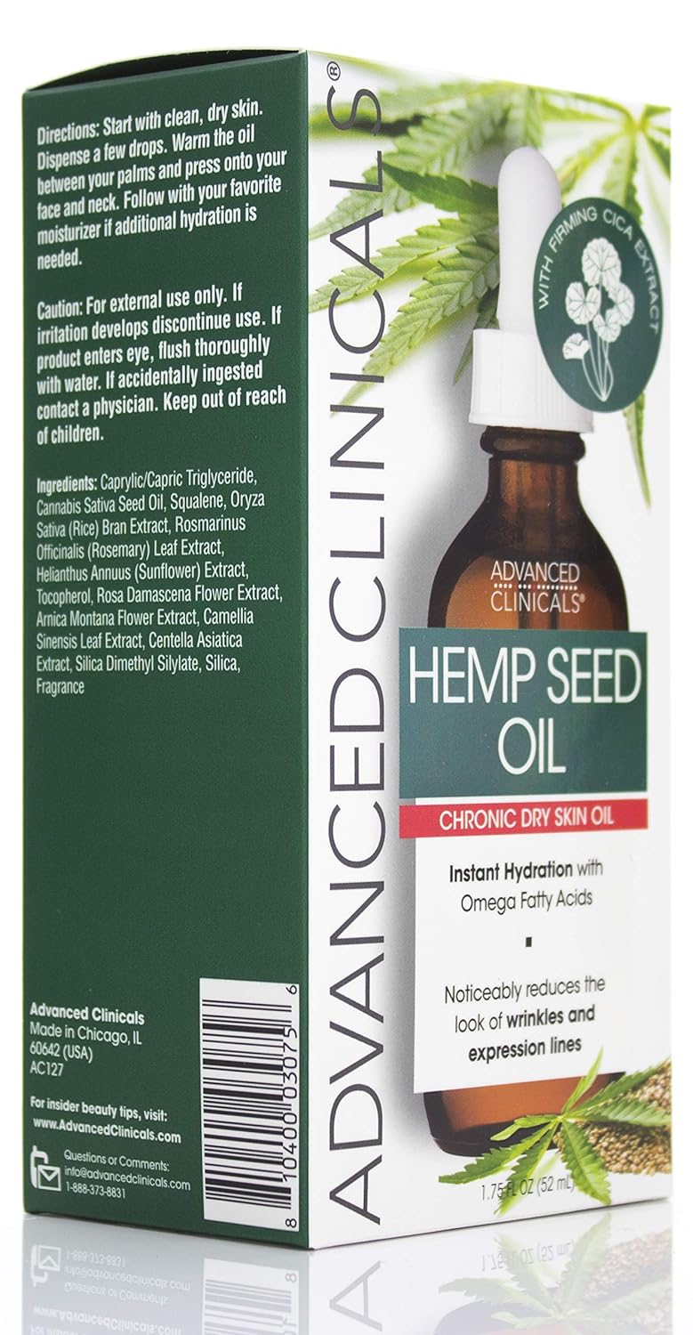 Advanced Clinicals Hemp Seed Oil for Face. Cold Pressed Hemp Seed Oill instantly hydrates skin and helps with Wrinkles, Fine Lines, and Expression Lines