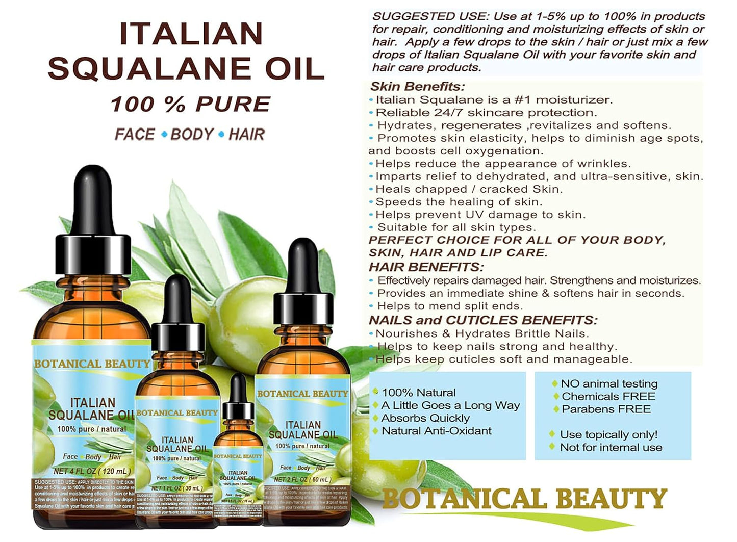 SQUALANE Italian Olive. 100% Pure Natural Undiluted Oil. 4 fl.oz- 120ml. 100% Ultra-Pure Moisturizer for Face, Skin, Body, Hair. Reliable 24/7 Skincare Protection