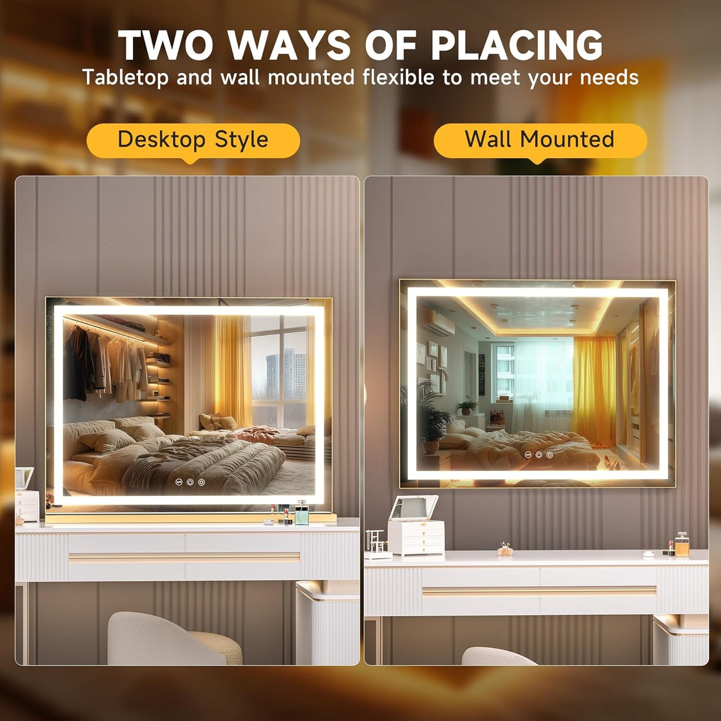 Hasipu Vanity Mirror with Lights, 28" x 20" LED Makeup Mirror, Lighted Makeup Mirror with Dimmable 3 Modes, Touch Screen Control Vanity Mirror Square Gold