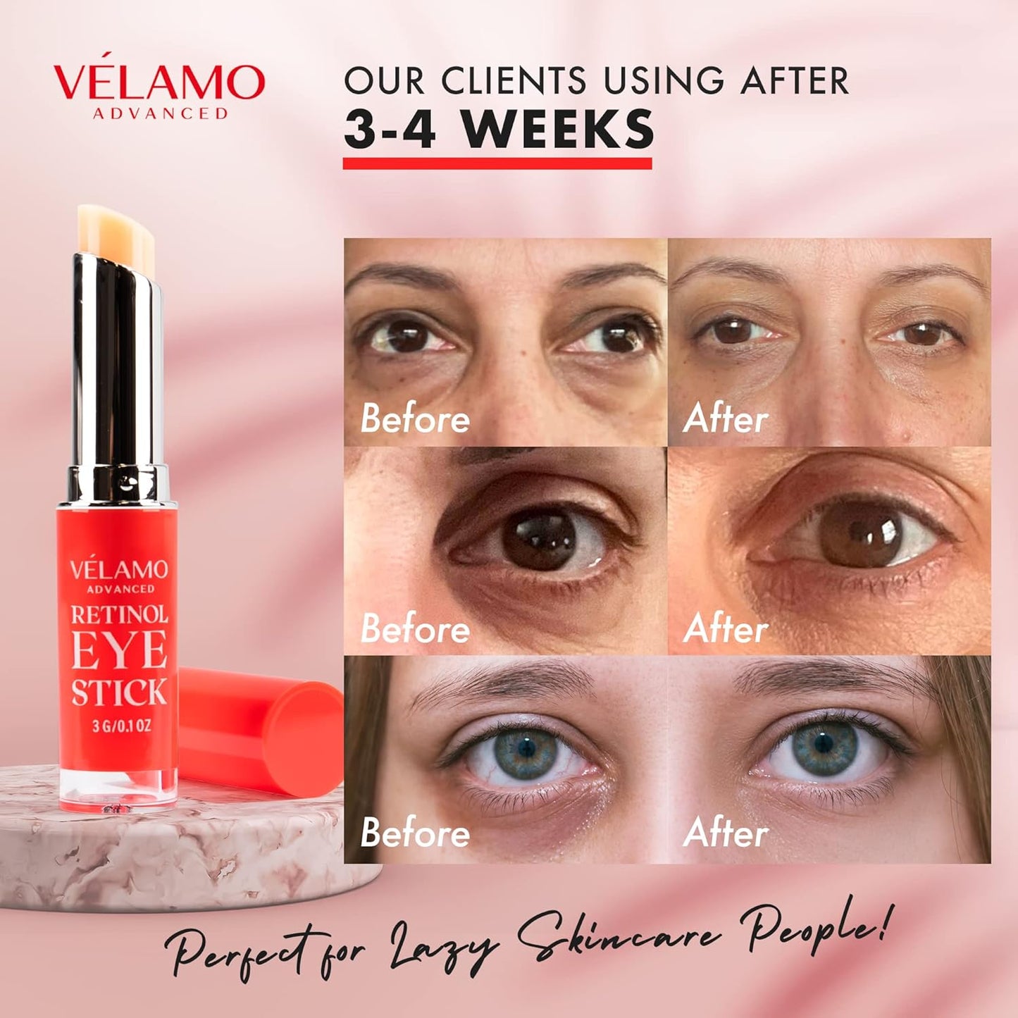 VELAMO ADVANCED Retinol Eye Stick: Retinol Eye Cream for Dark Circles and Puffiness with 1% Bakuchiol - Visibly Reduces Fine Lines Wrinkles Under Eye Bags 0.1 OZ/3g