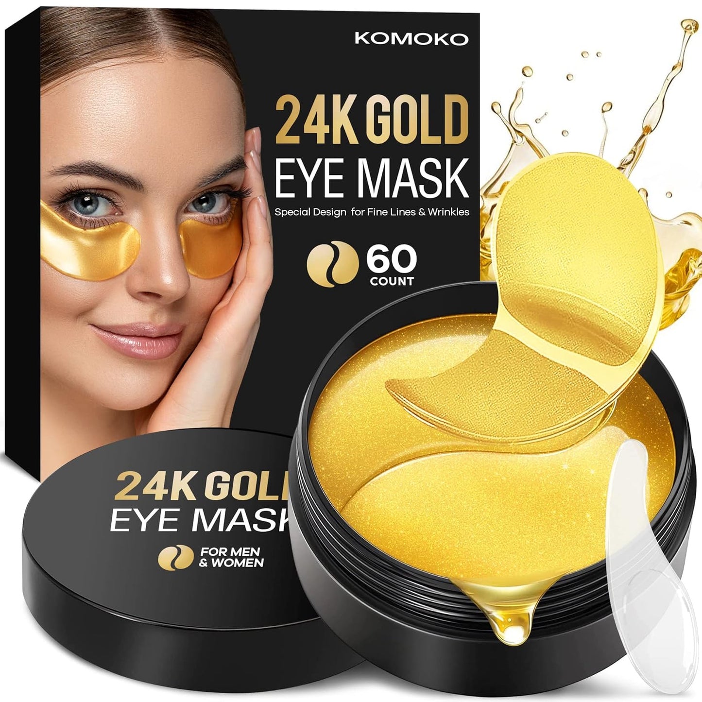 Komoko 25-Pairs 24K Gold Under Eye Patches, Skin Care, Golden Under Eye Mask Anti-Aging Collagen & Amino Acid, Eye Mask for Removing Dark Circles, Puffiness and Wrinkles, Refresh Your Under Eye Skin
