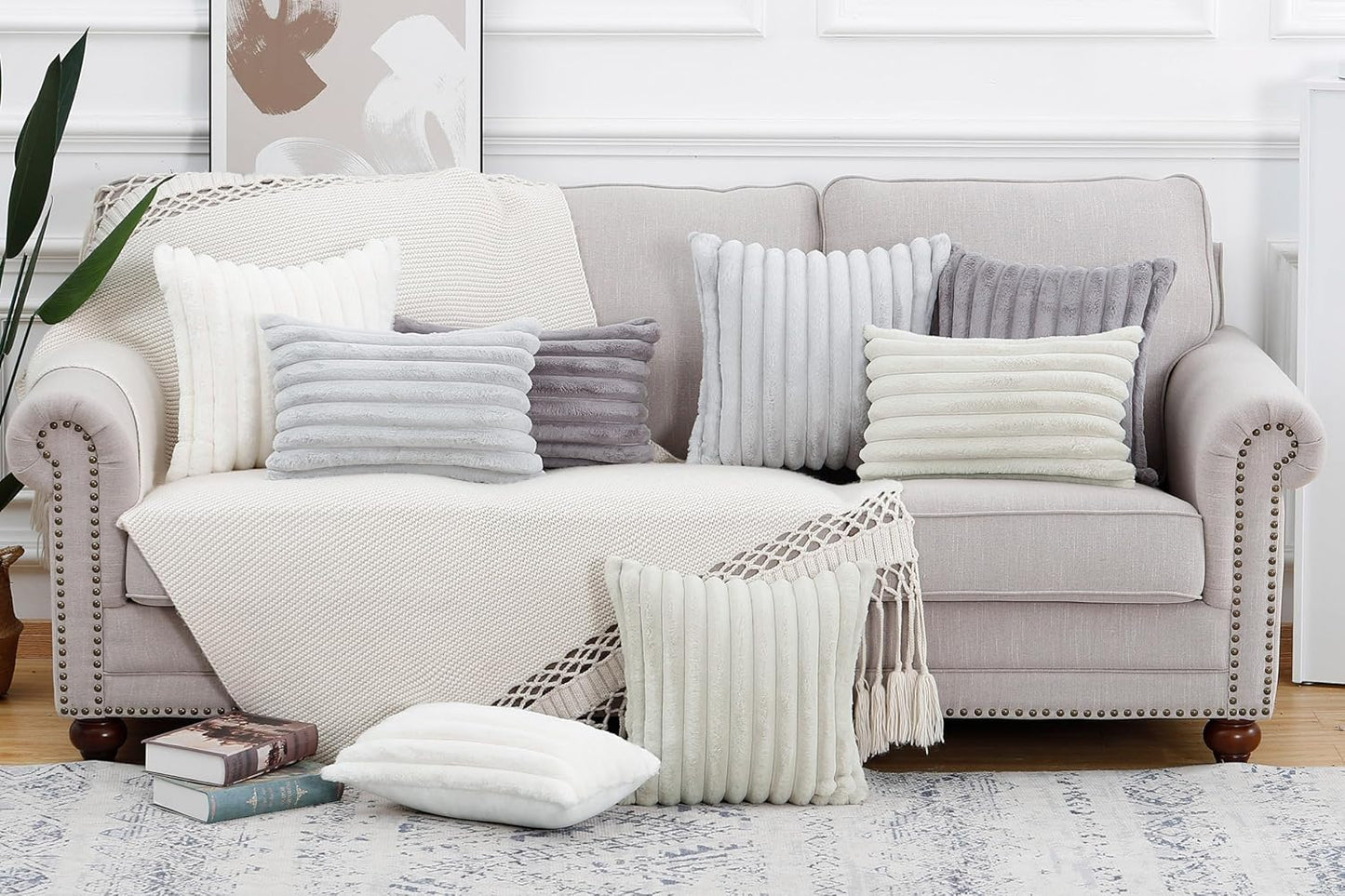 MADIZZ Set of 2 Faux Wool Plush Decorative Throw Pillow Covers 26x26 Inch Greyish White Fluffy Striped Soft Decorative Cushion Cover for Sofa Bedroom Pillow Shell