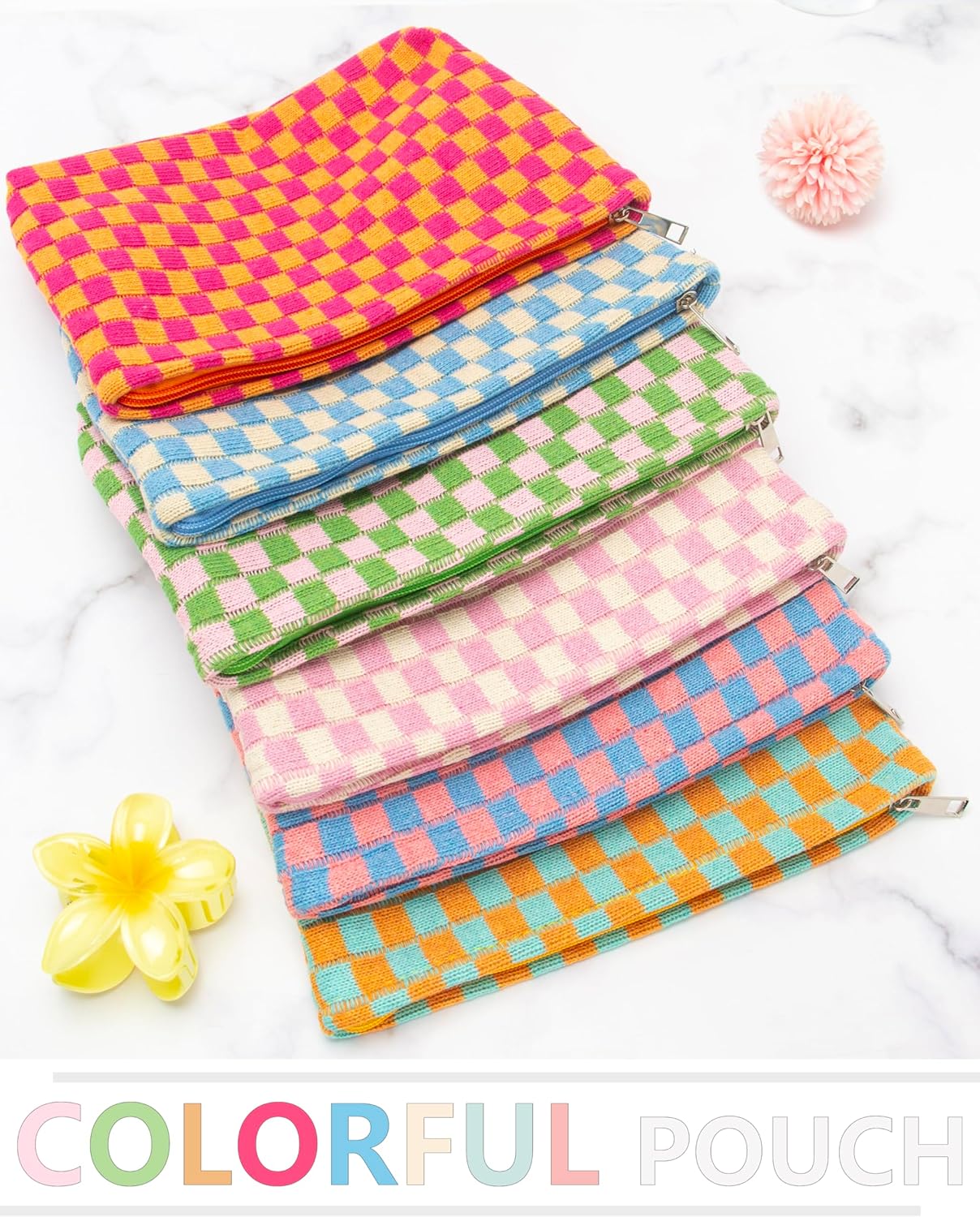 PAZIMIIK Knitted Checkered Makeup Bag Large Zipper Make Up Accessory Pouch for Purse Cosmetic Brush Bag for Travel Essential Pink Green