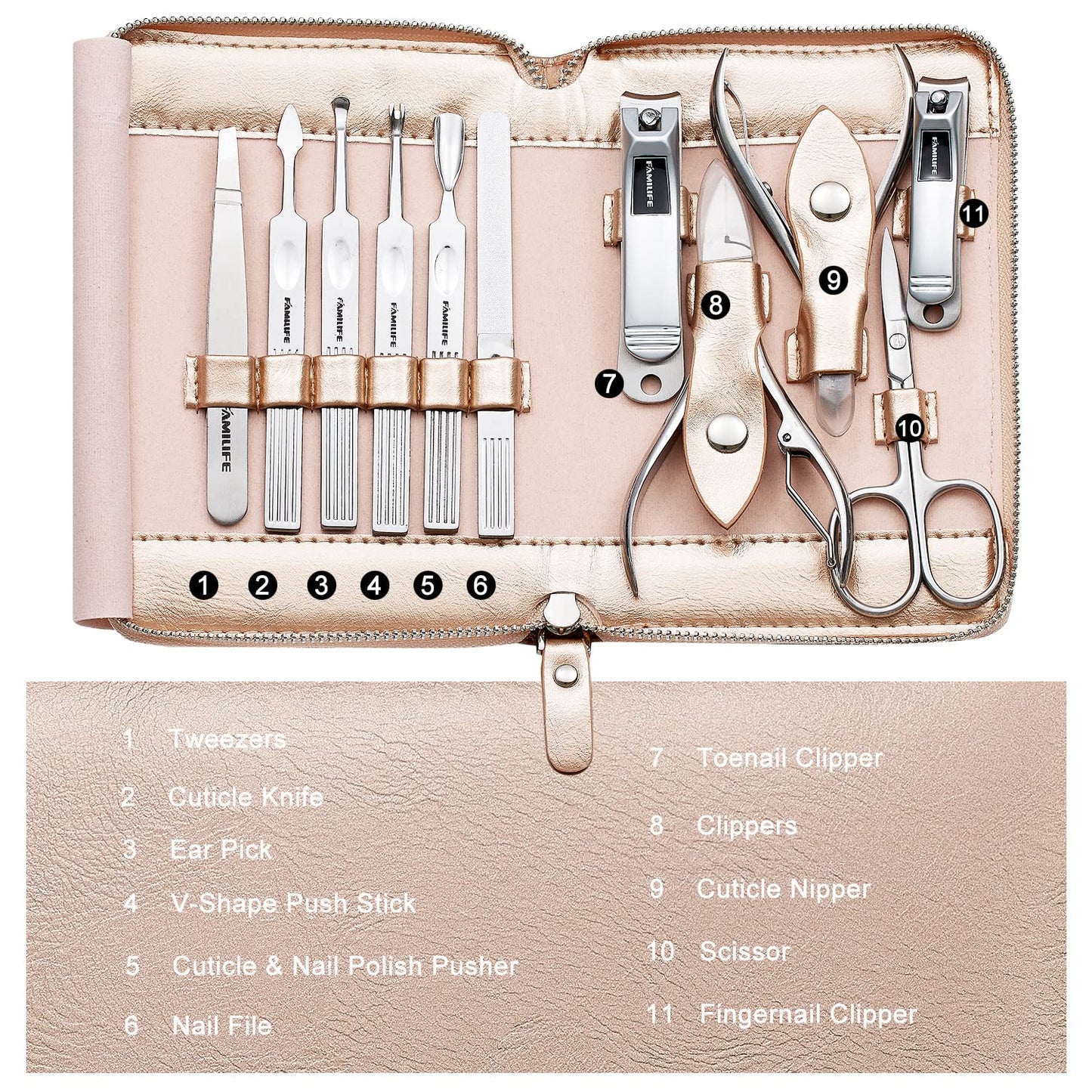 FAMILIFE Gifts for Women, Manicure Set Professional Manicure Kit 11 in 1 Nail Kit Nail Clippers Tools Stainless Steel with Rose Gold Leather Case Travel Sets