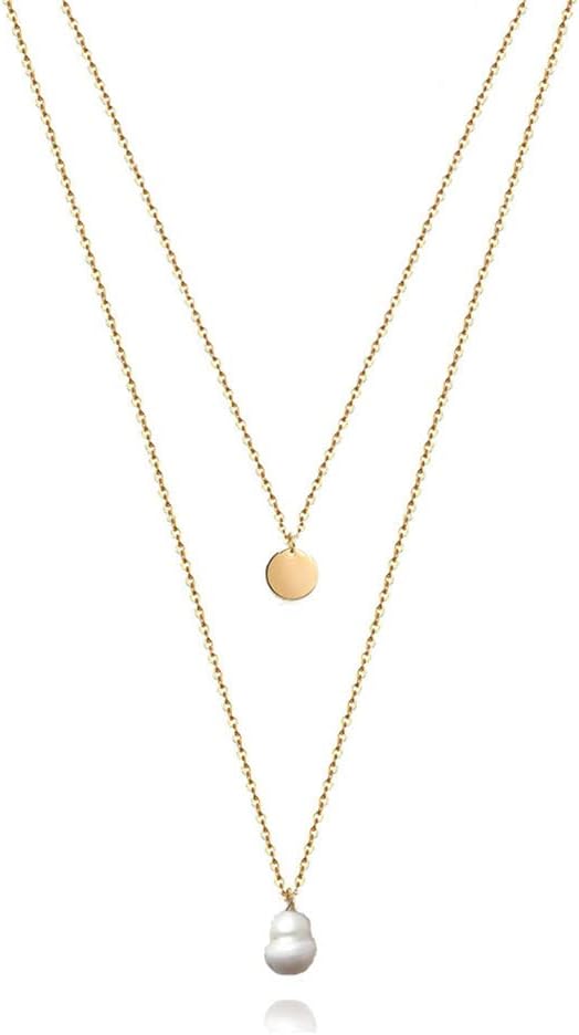 Long Layered Necklace Delicate Coin Pearl Pendant Necklace Gold Chain Jewelry for Women