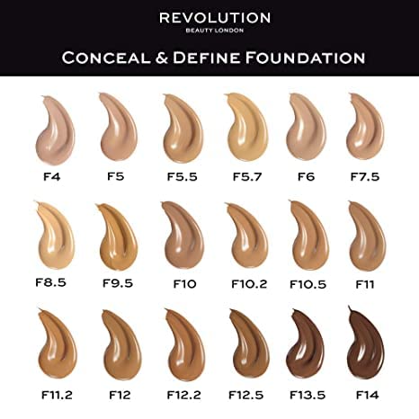 Makeup Revolution Conceal & Define Foundation, Cream Foundation Makeup, Full Coverage, For Medium Skin Tones, Vegan & Cruelty-Free, F10, 23ml