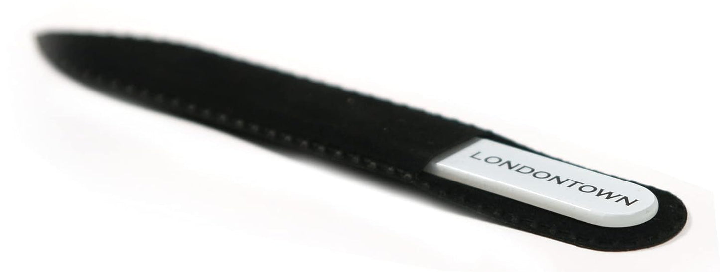 LONDONTOWN White Double-Sided Glass Nail File & Care Tool, Professional Grit Etched Crystal Manicure Accessory with Case Pouch