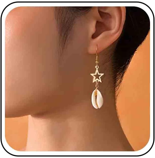 Vintage Cowrie Drop Earrings Puka Shell Dangle Earrings Gold Star Dangling Earrings Hollow Star Earrings Jewelry for Women